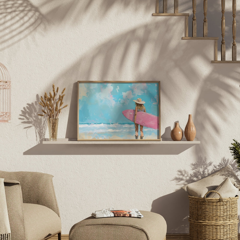 Premium Poster of Surfer Girl with Pink Surfboard Beach Art Posters