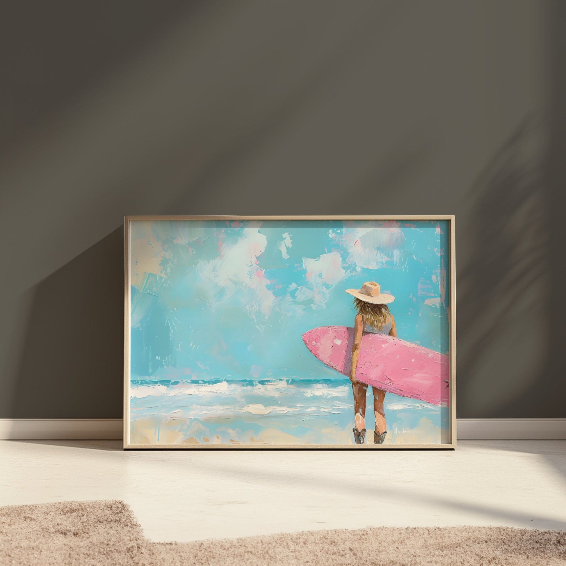 Premium Poster of Surfer Girl with Pink Surfboard Beach Art Posters