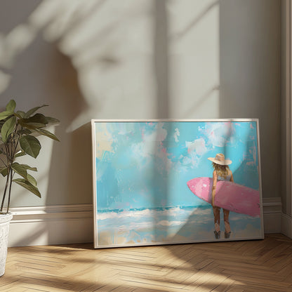 Premium Poster of Surfer Girl with Pink Surfboard Beach Art Posters