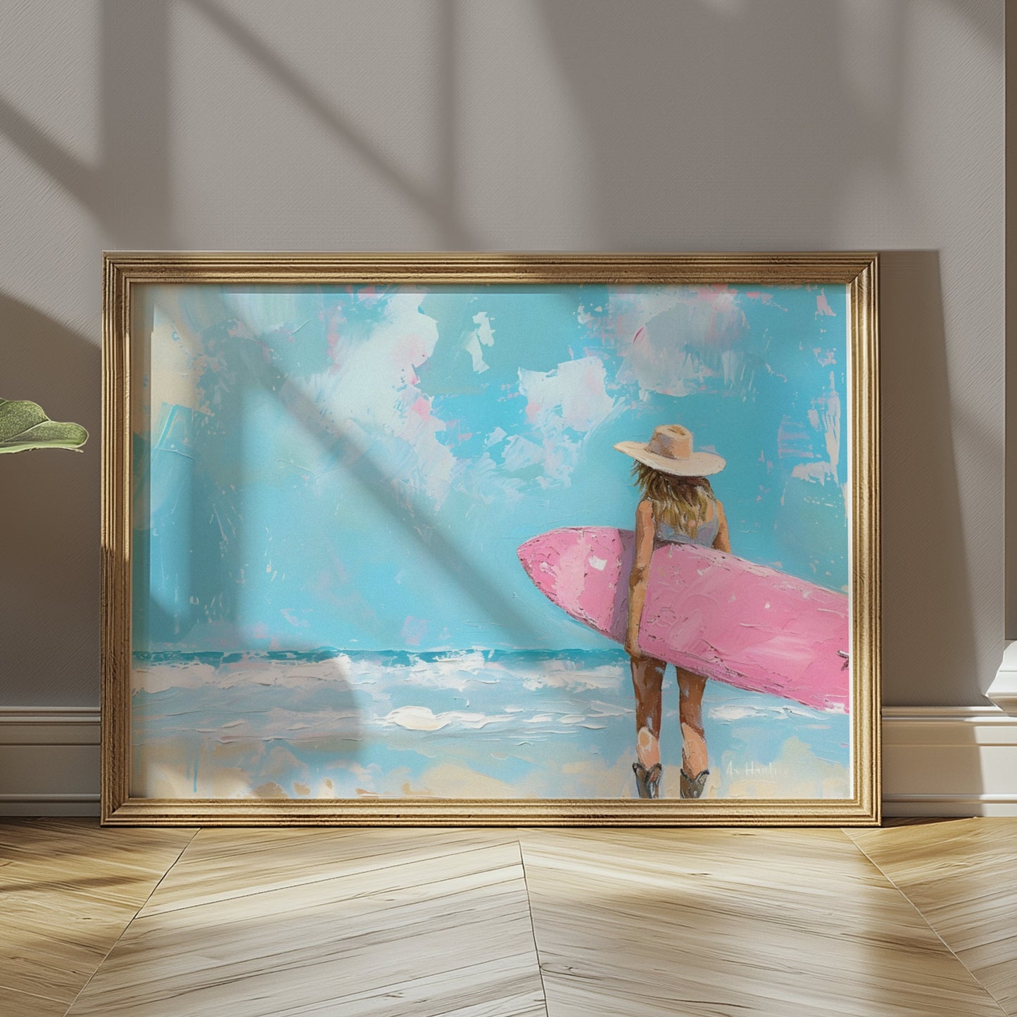 Premium Poster of Surfer Girl with Pink Surfboard Beach Art Posters