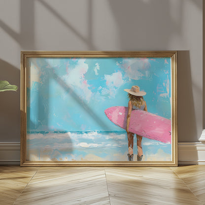 Premium Poster of Surfer Girl with Pink Surfboard Beach Art Posters