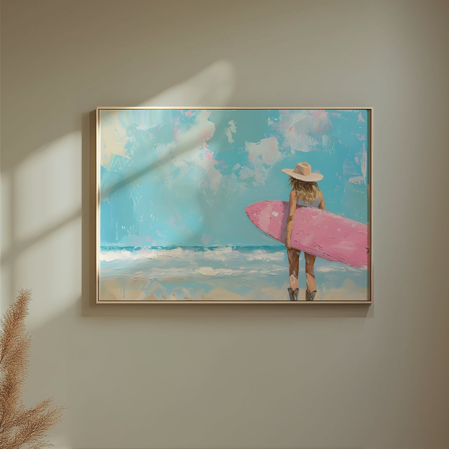 Premium Poster of Surfer Girl with Pink Surfboard Beach Art Posters