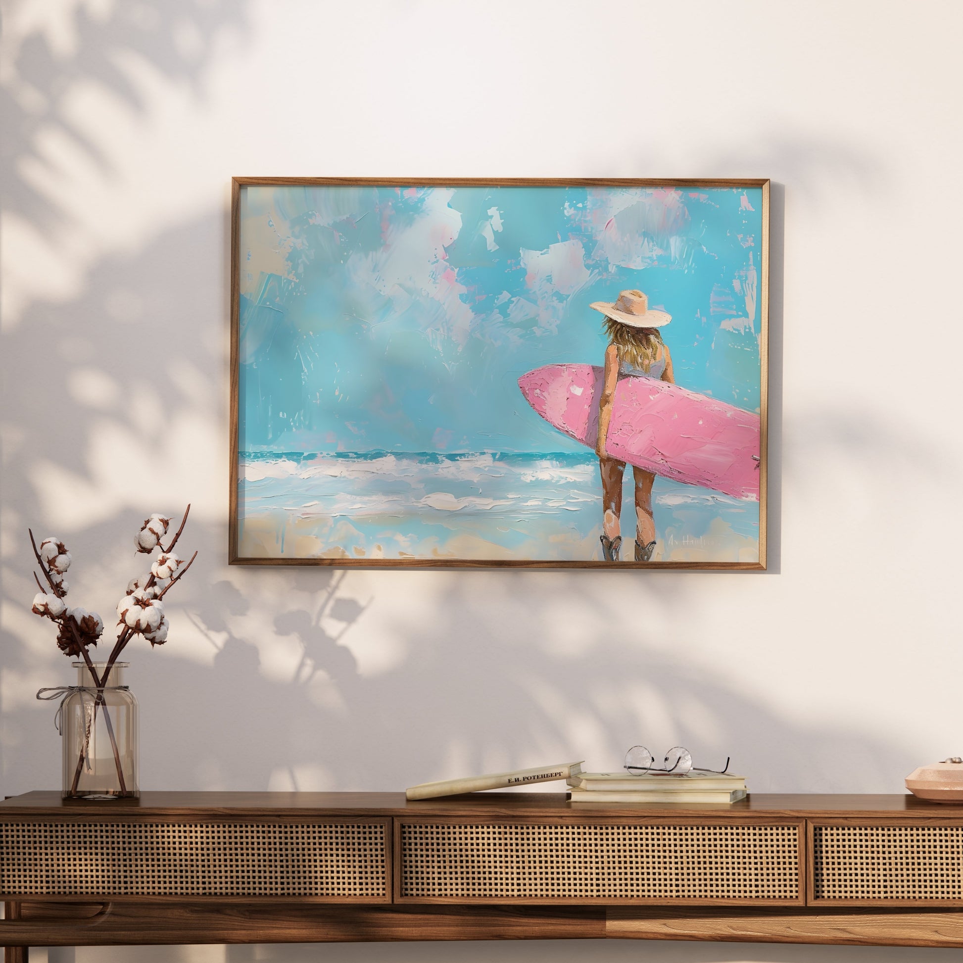 Premium Poster of Surfer Girl with Pink Surfboard Beach Art Posters