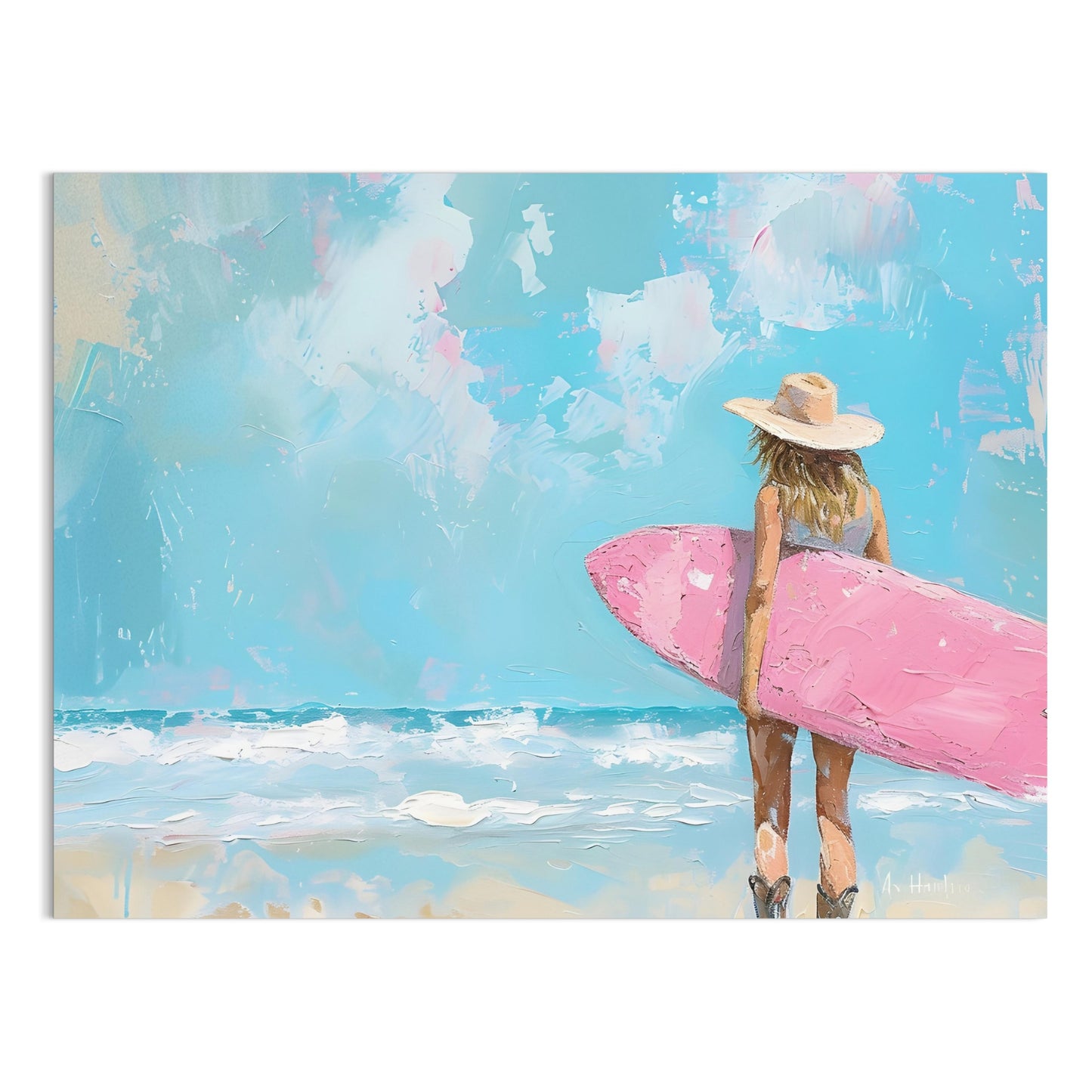 Premium Poster of Surfer Girl with Pink Surfboard Beach Art Posters
