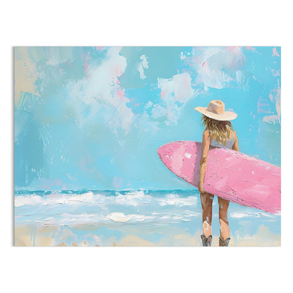 Premium Poster of Surfer Girl with Pink Surfboard Beach Art Posters