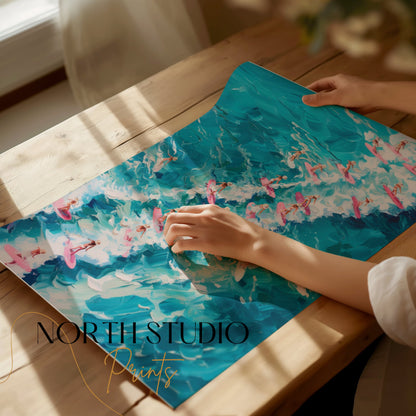 Premium Poster of Surfers Charging through Waves on Colorful Surfboards Posters