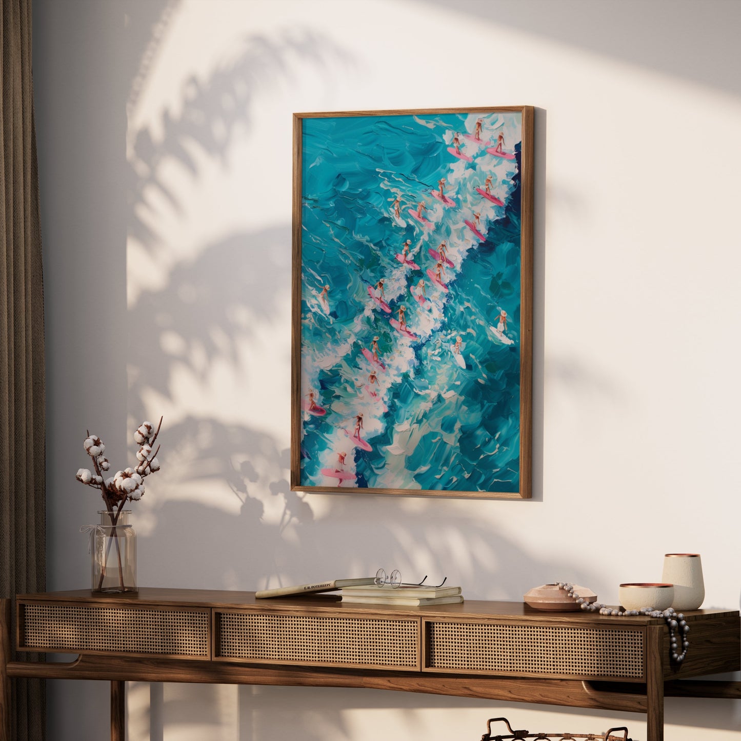 Premium Poster of Surfers Charging through Waves on Colorful Surfboards Posters
