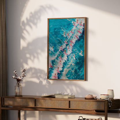 Premium Poster of Surfers Charging through Waves on Colorful Surfboards Posters