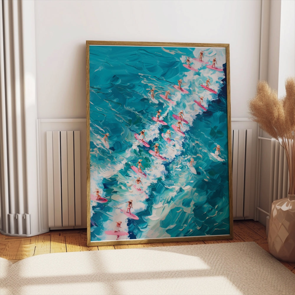 Premium Poster of Surfers Charging through Waves on Colorful Surfboards Posters