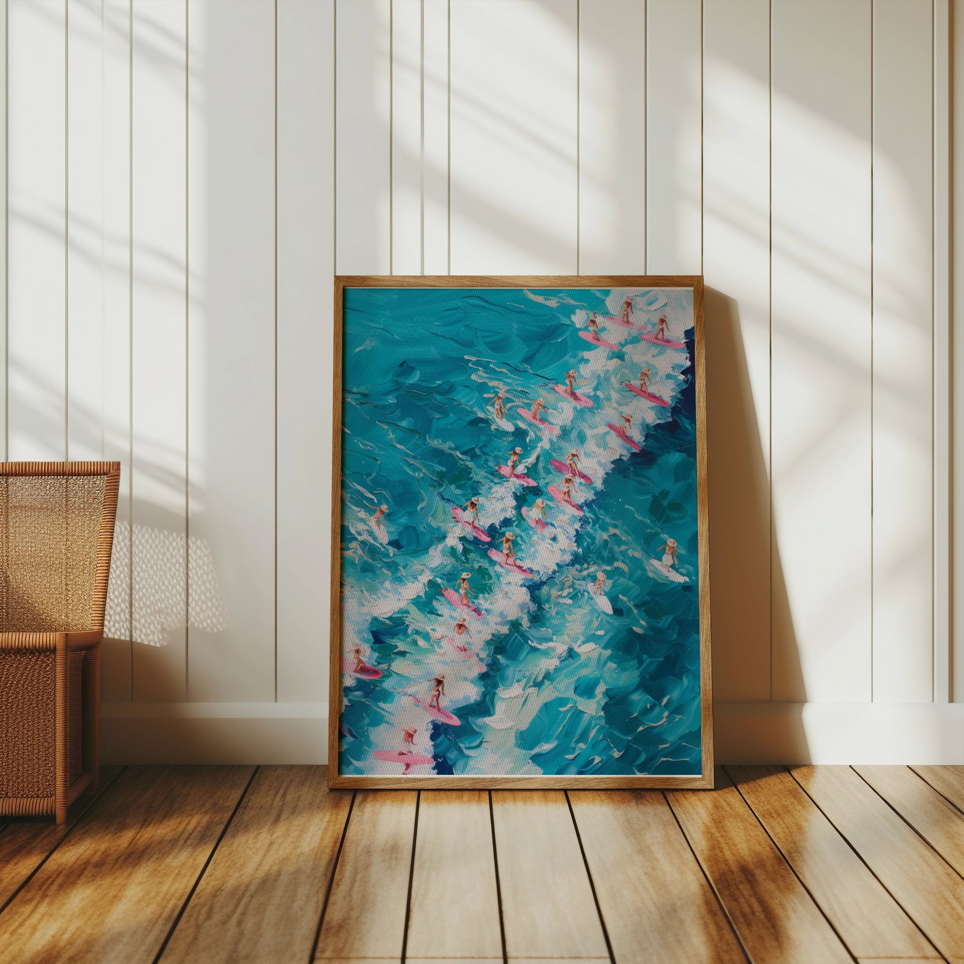 Premium Poster of Surfers Charging through Waves on Colorful Surfboards Posters
