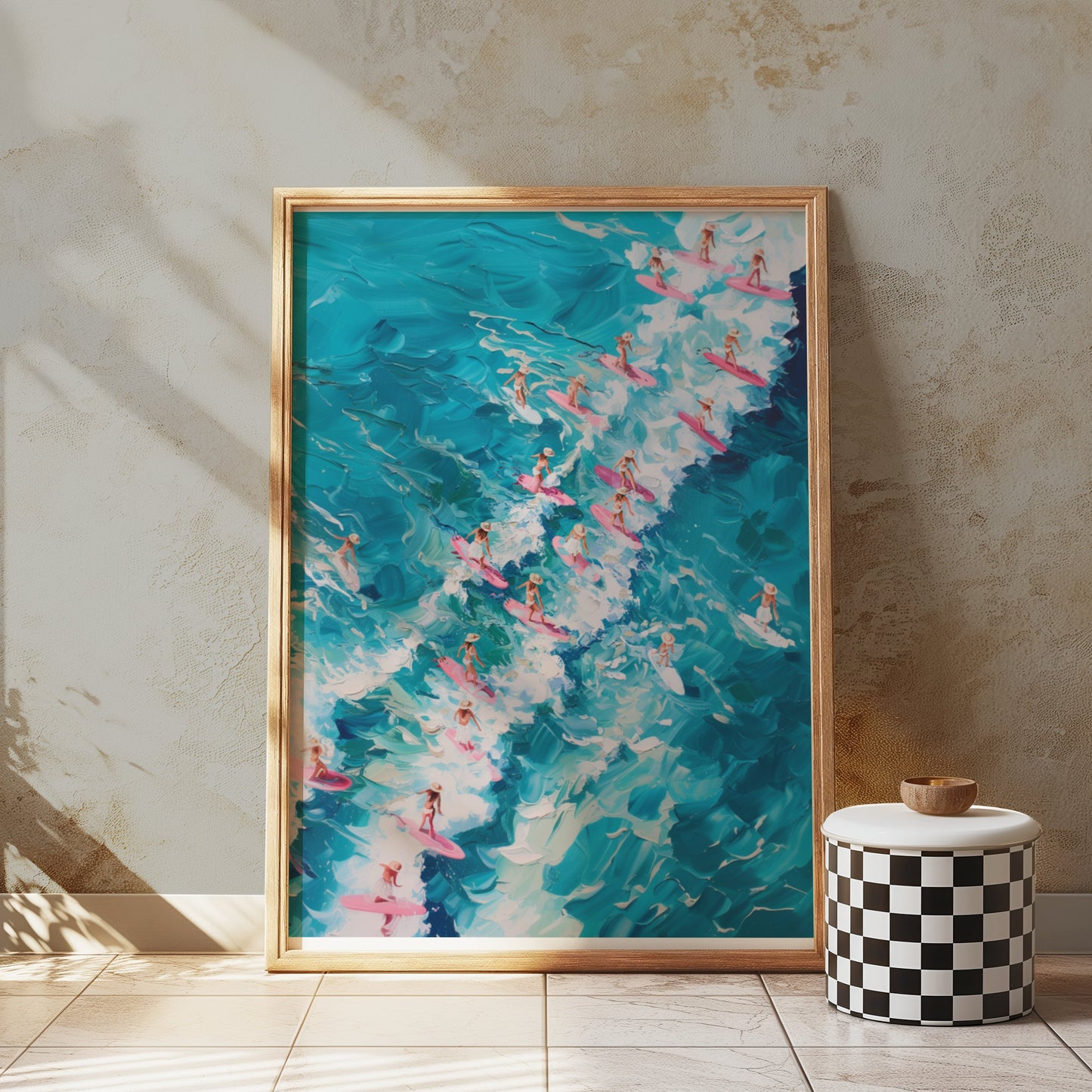 Premium Poster of Surfers Charging through Waves on Colorful Surfboards Posters