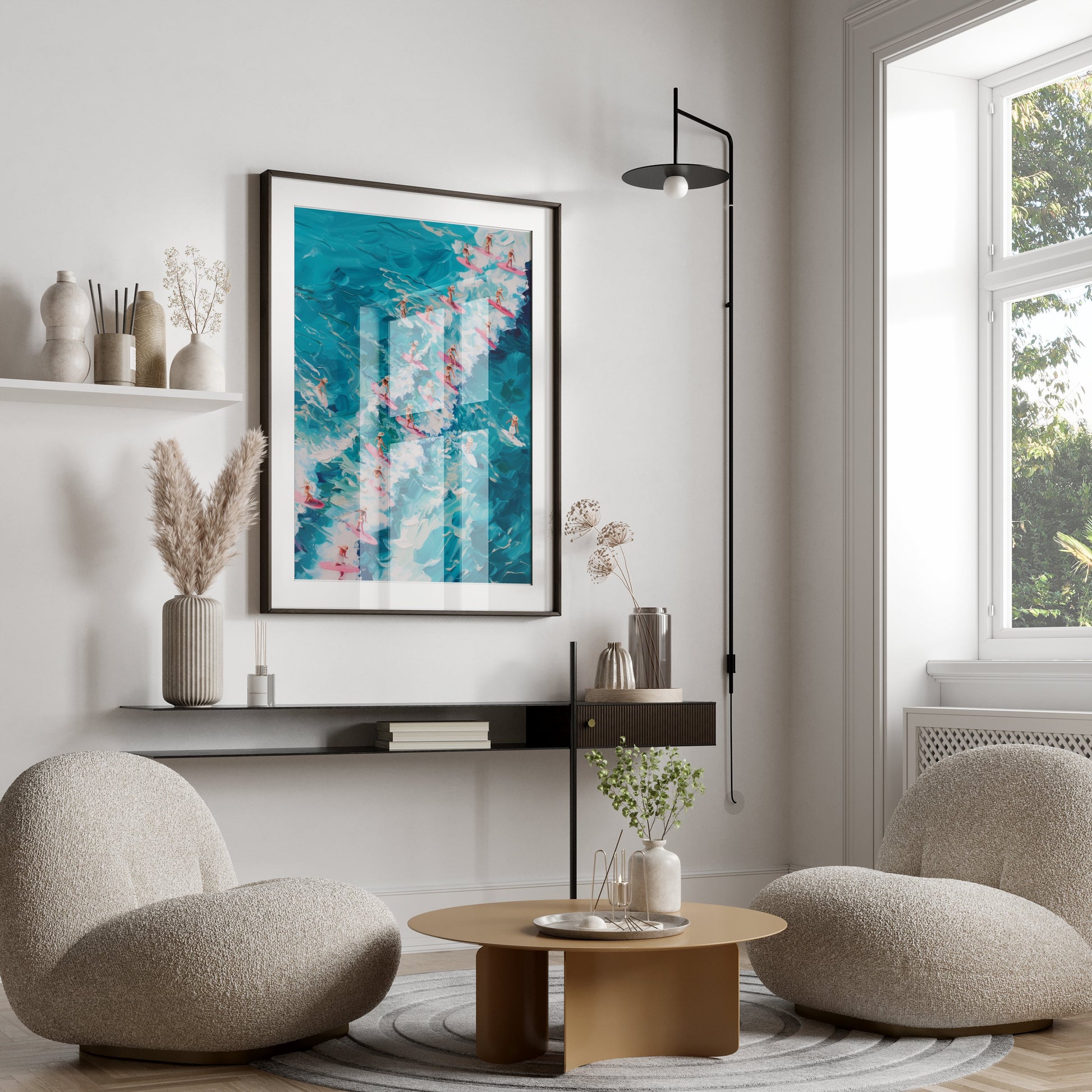 Premium Poster of Surfers Charging through Waves on Colorful Surfboards Posters