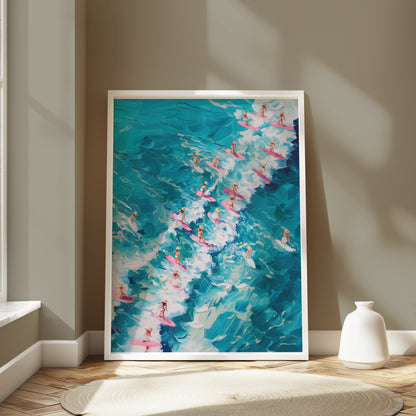 Premium Poster of Surfers Charging through Waves on Colorful Surfboards Posters