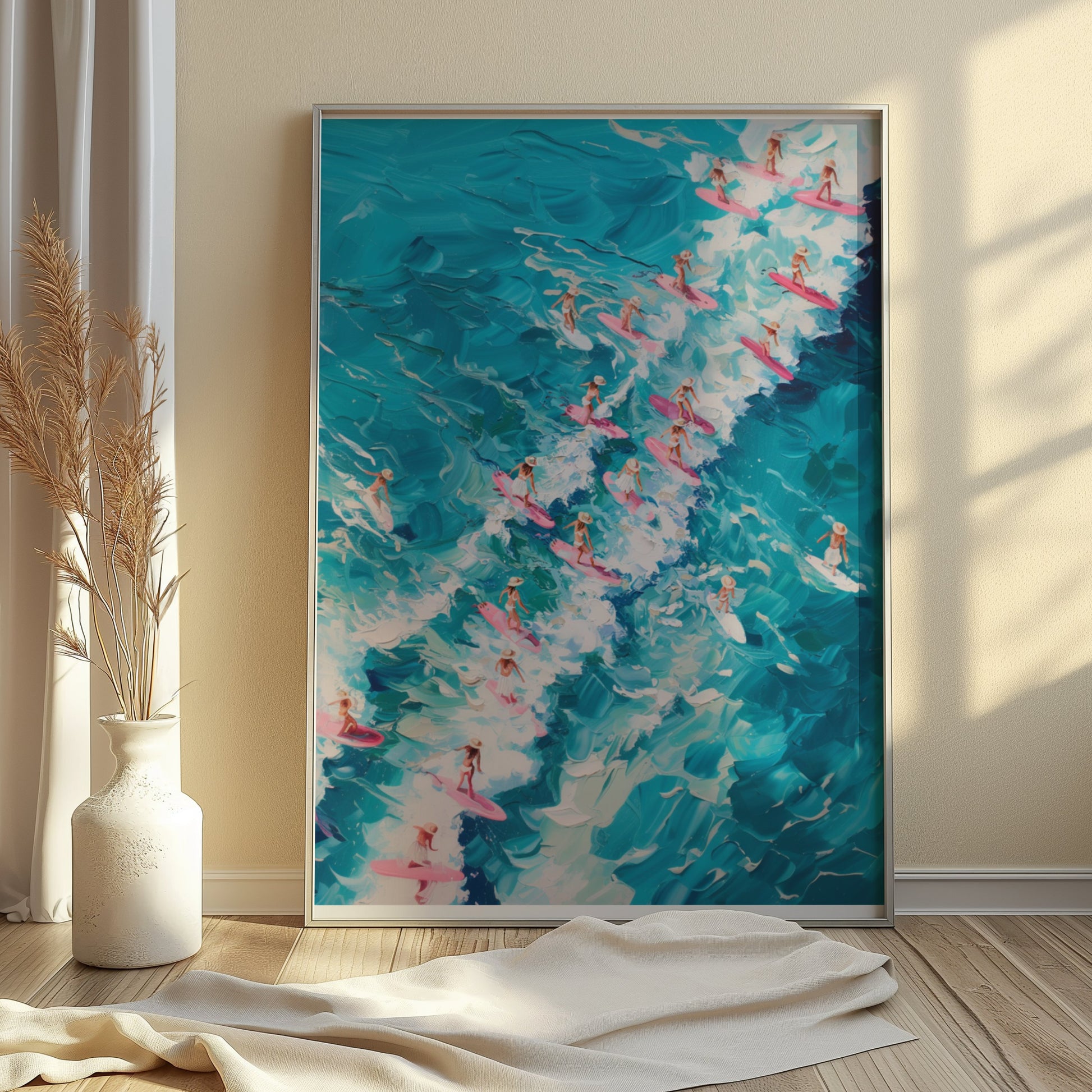 Premium Poster of Surfers Charging through Waves on Colorful Surfboards Posters