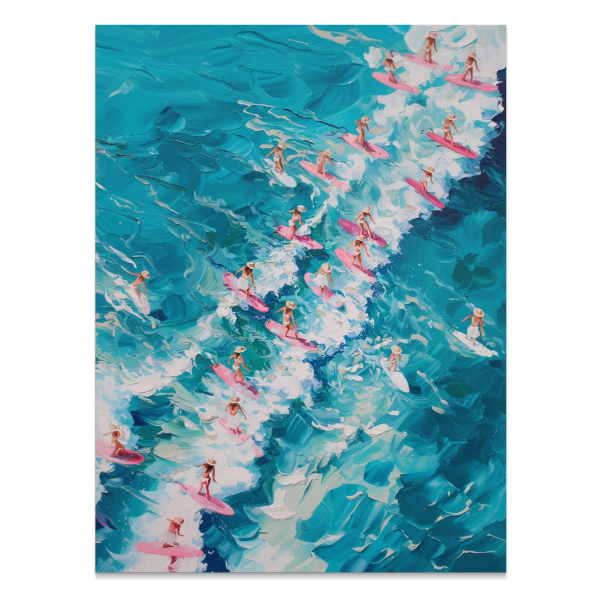 Premium Poster of Surfers Charging through Waves on Colorful Surfboards Posters