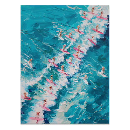 Premium Poster of Surfers Charging through Waves on Colorful Surfboards Posters