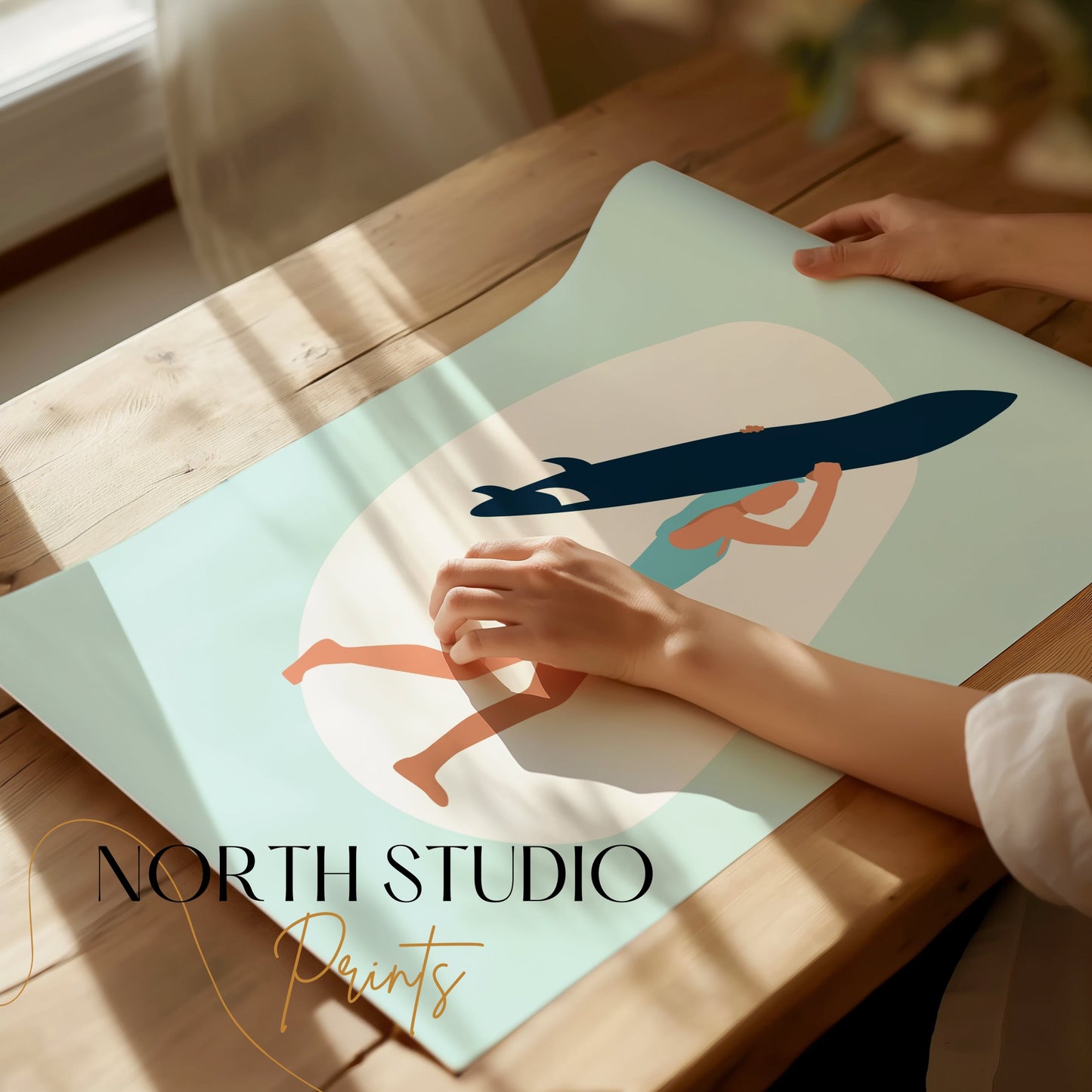 Premium Poster of Surfing Woman with Surfboard Illustration Posters