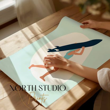 Premium Poster of Surfing Woman with Surfboard Illustration Posters