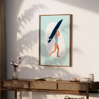 Premium Poster of Surfing Woman with Surfboard Illustration Posters