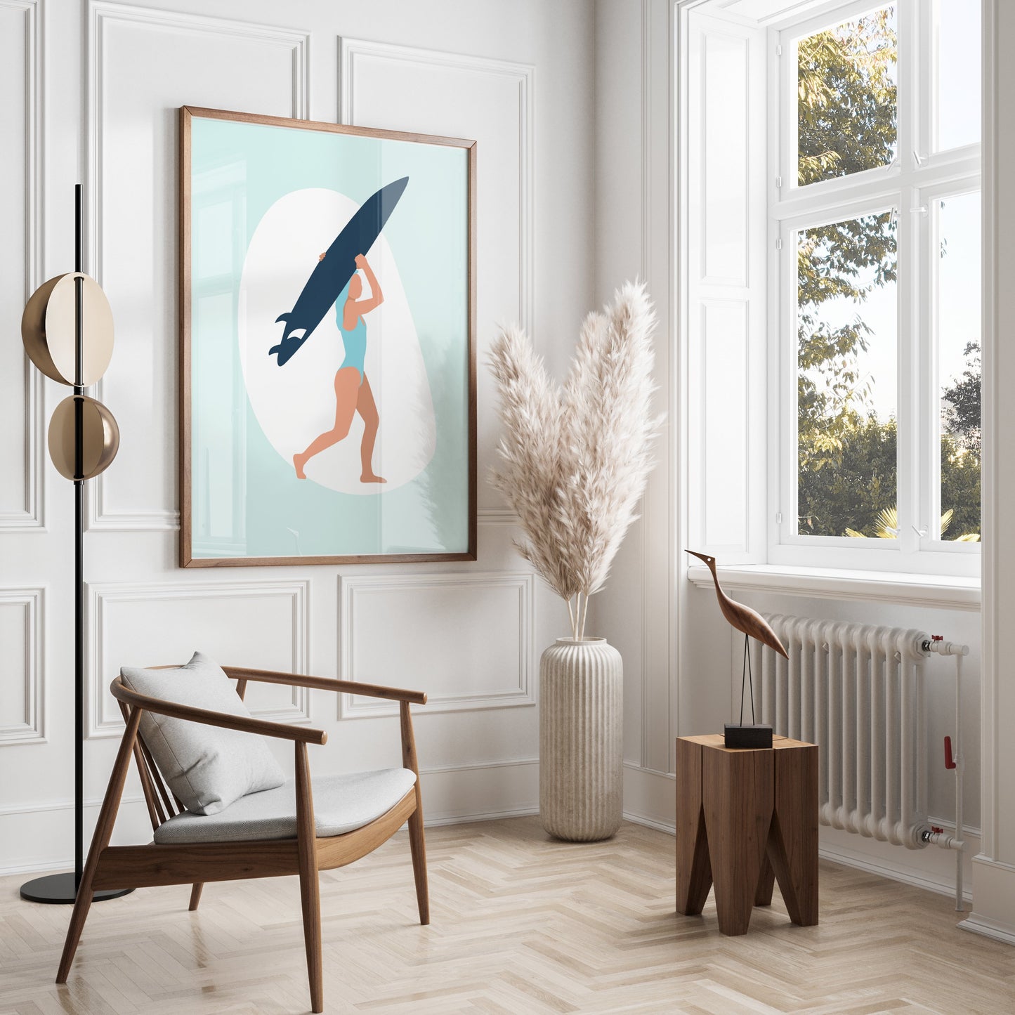Premium Poster of Surfing Woman with Surfboard Illustration Posters