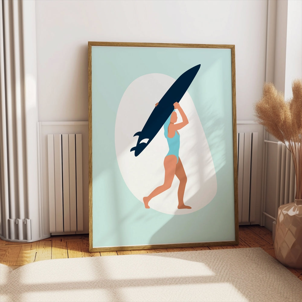 Premium Poster of Surfing Woman with Surfboard Illustration Posters