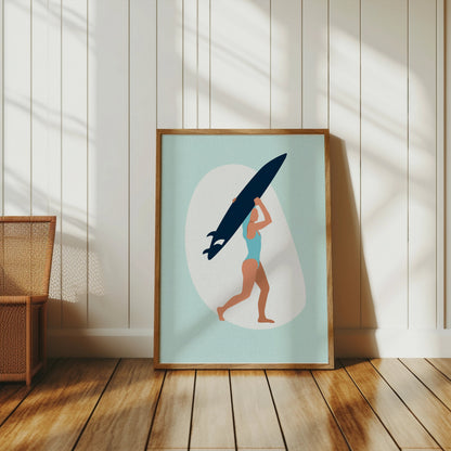 Premium Poster of Surfing Woman with Surfboard Illustration Posters