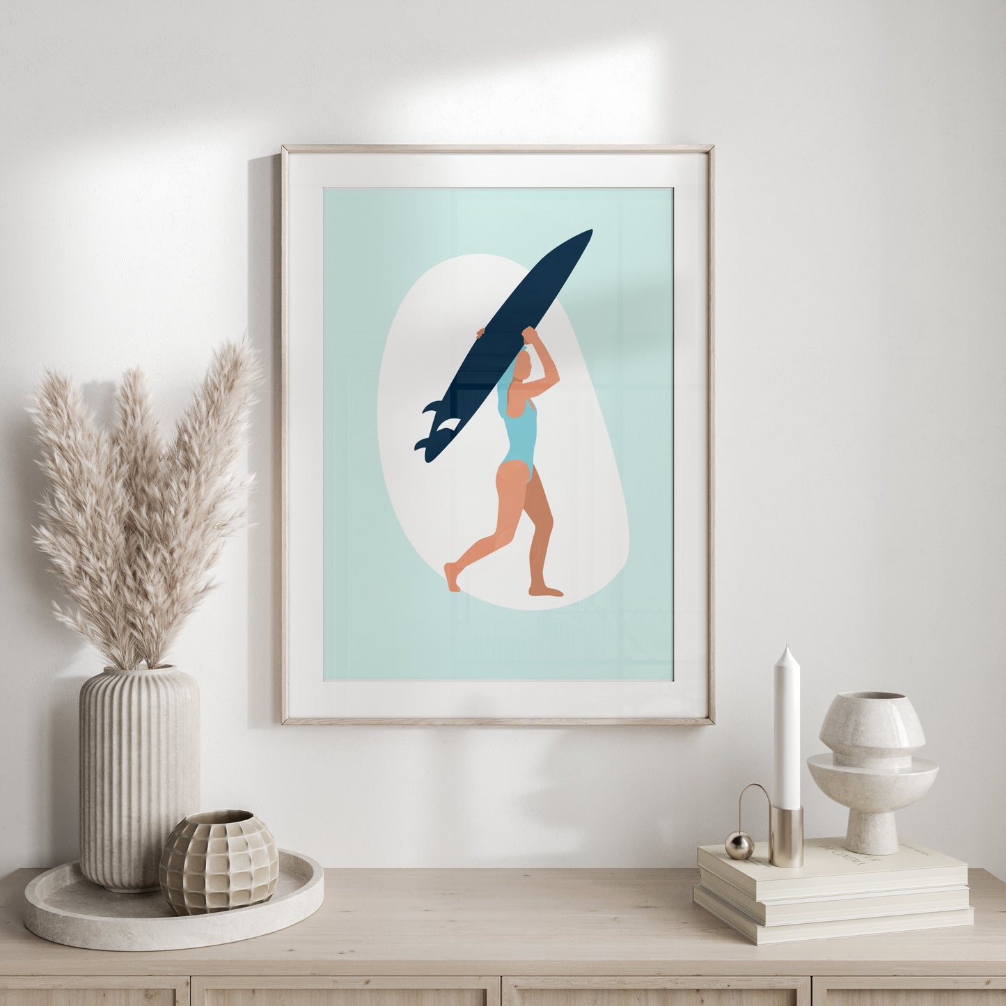 Premium Poster of Surfing Woman with Surfboard Illustration Posters