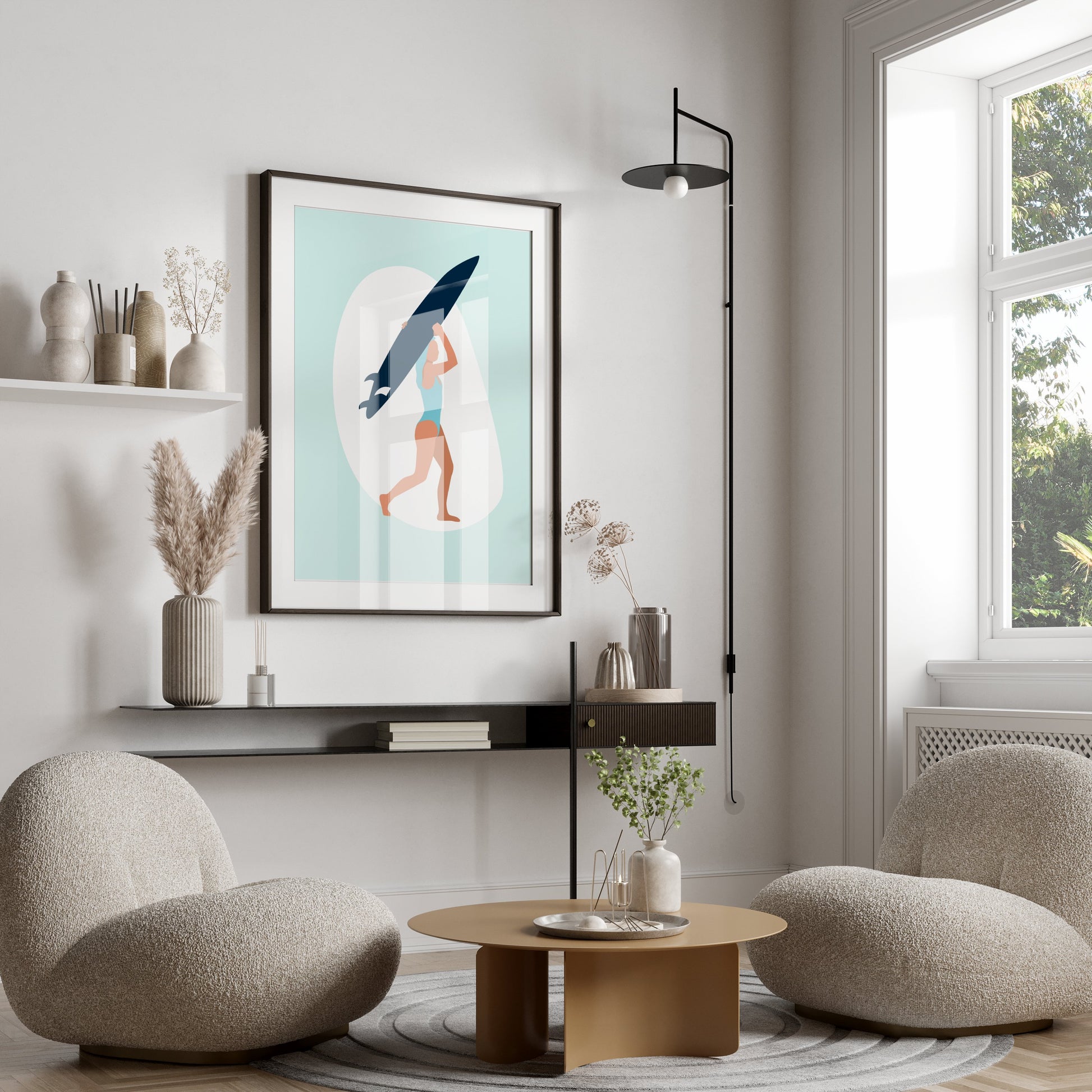 Premium Poster of Surfing Woman with Surfboard Illustration Posters