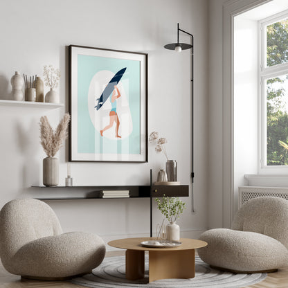 Premium Poster of Surfing Woman with Surfboard Illustration Posters