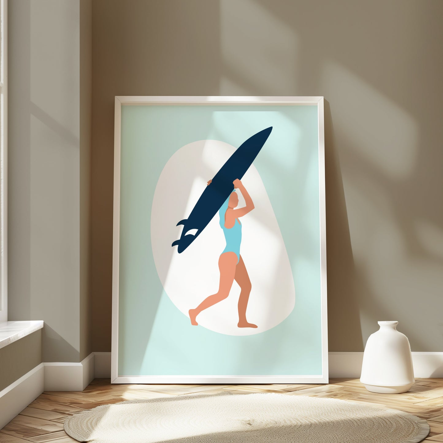 Premium Poster of Surfing Woman with Surfboard Illustration Posters