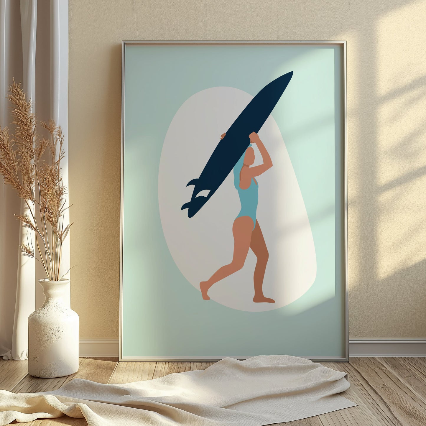 Premium Poster of Surfing Woman with Surfboard Illustration Posters