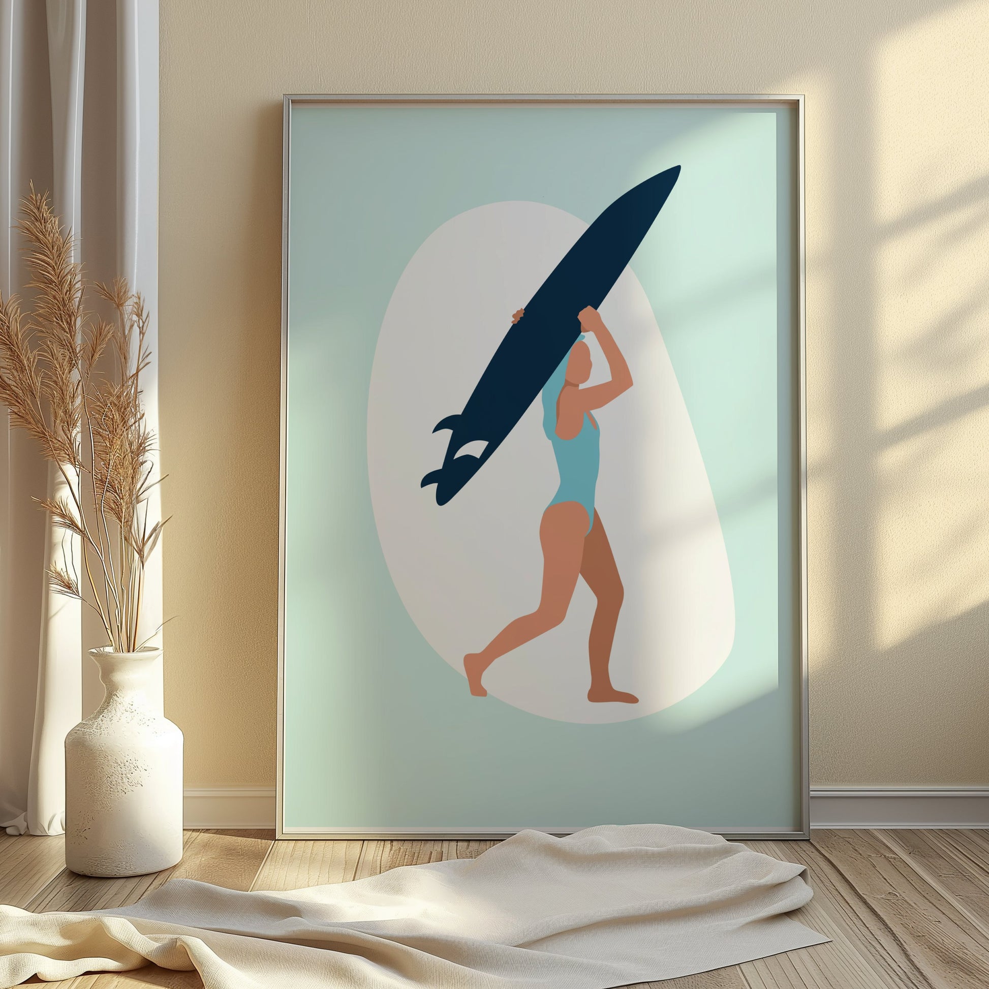 Premium Poster of Surfing Woman with Surfboard Illustration Posters