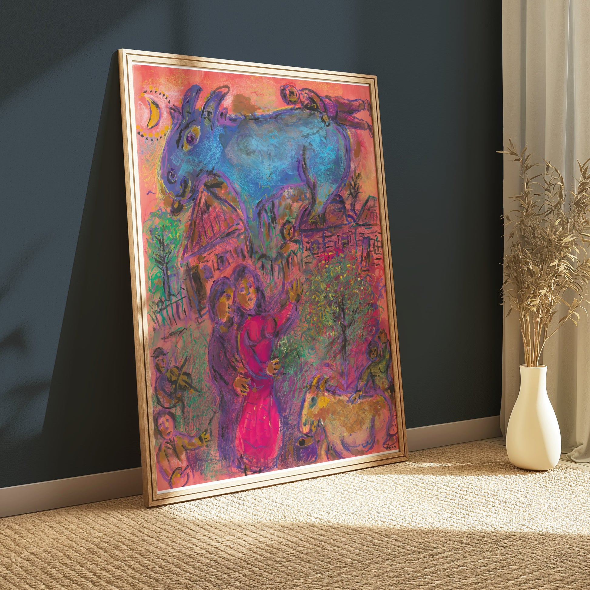 Premium Poster of Surreal Art Blue Animal Magic in Village Night Posters