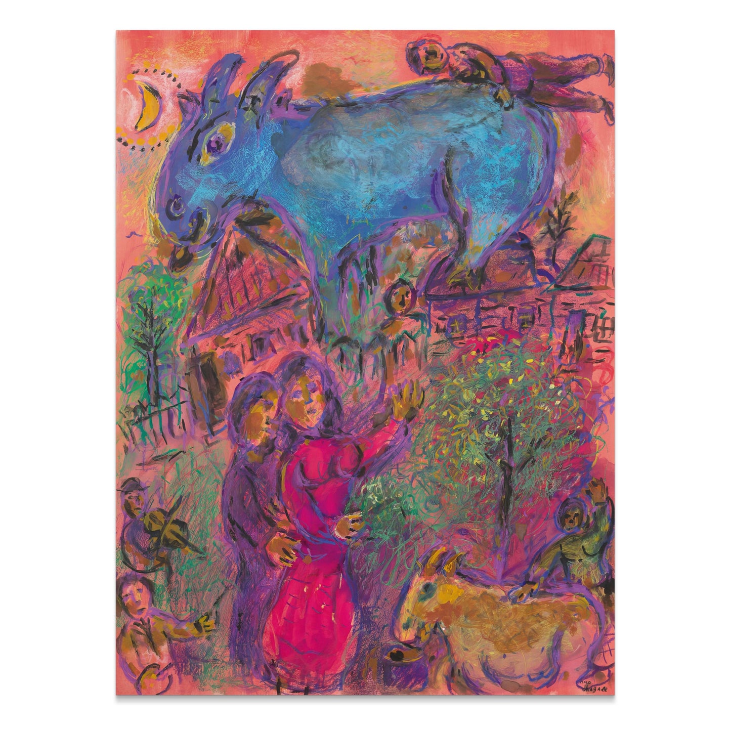 Premium Poster of Surreal Art Blue Animal Magic in Village Night Posters