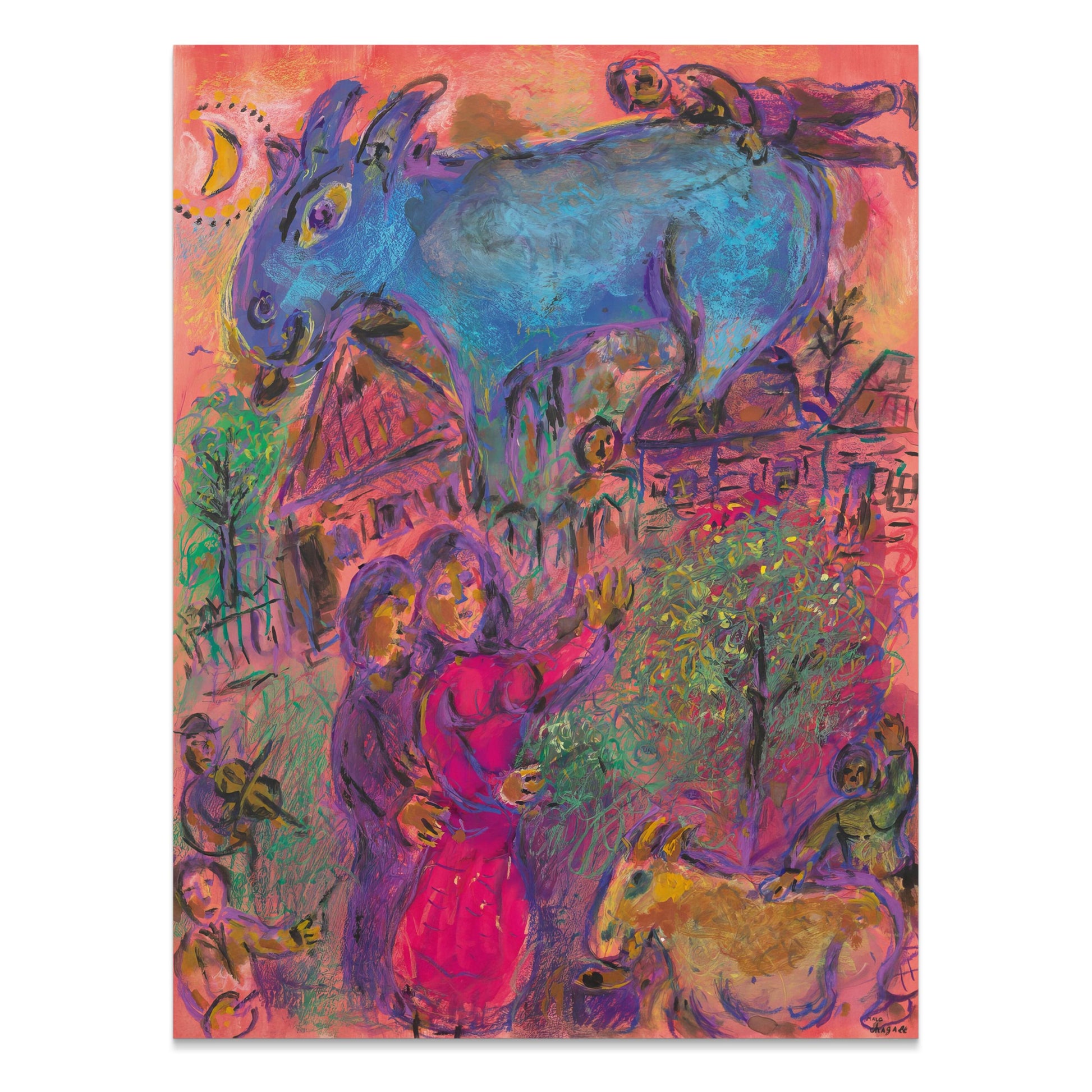 Premium Poster of Surreal Art Blue Animal Magic in Village Night Posters