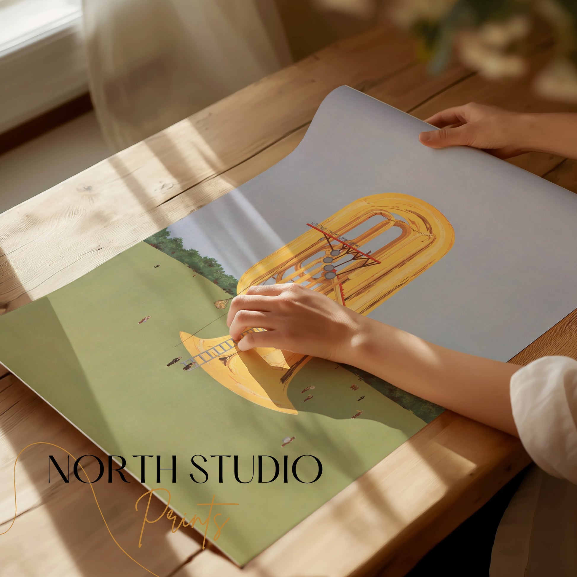 Premium Poster of Surreal Giant Brass Instrument in Open Field Posters