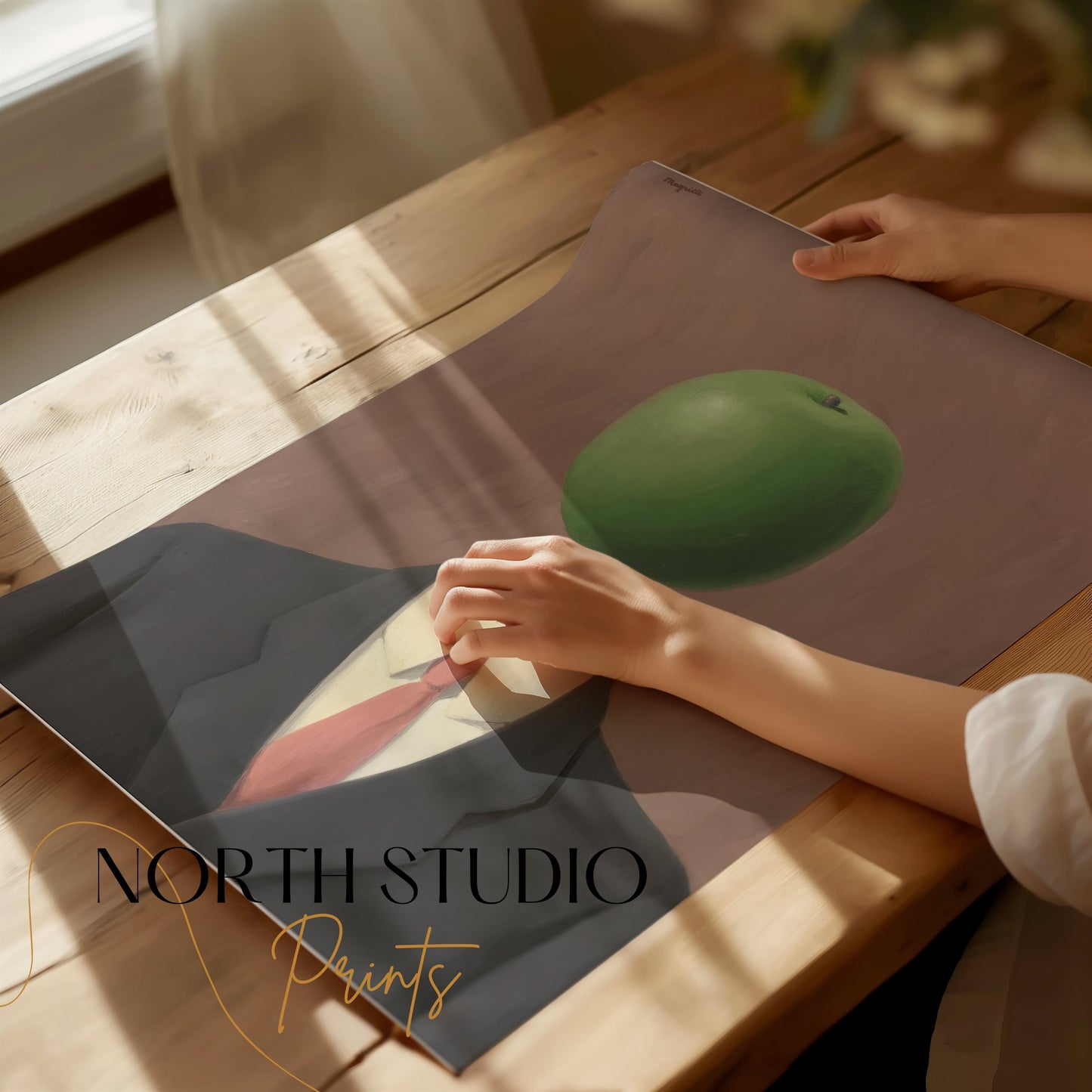 Premium Poster of Surrealist Man in Suit with Green Apple Art Posters