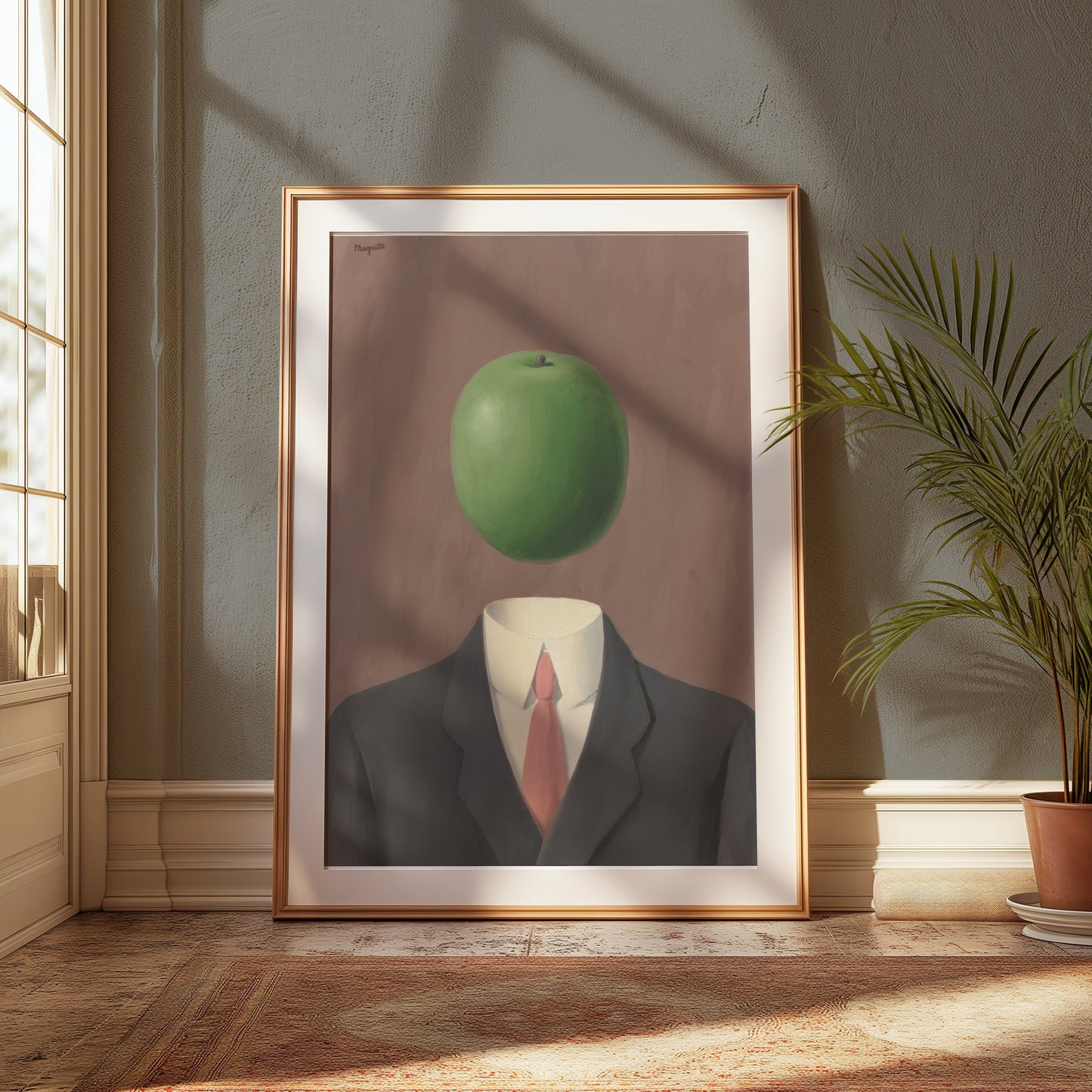Premium Poster of Surrealist Man in Suit with Green Apple Art Posters