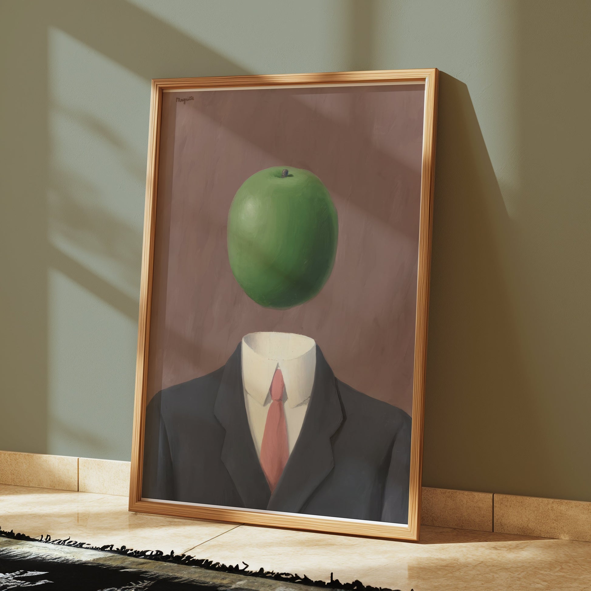 Premium Poster of Surrealist Man in Suit with Green Apple Art Posters