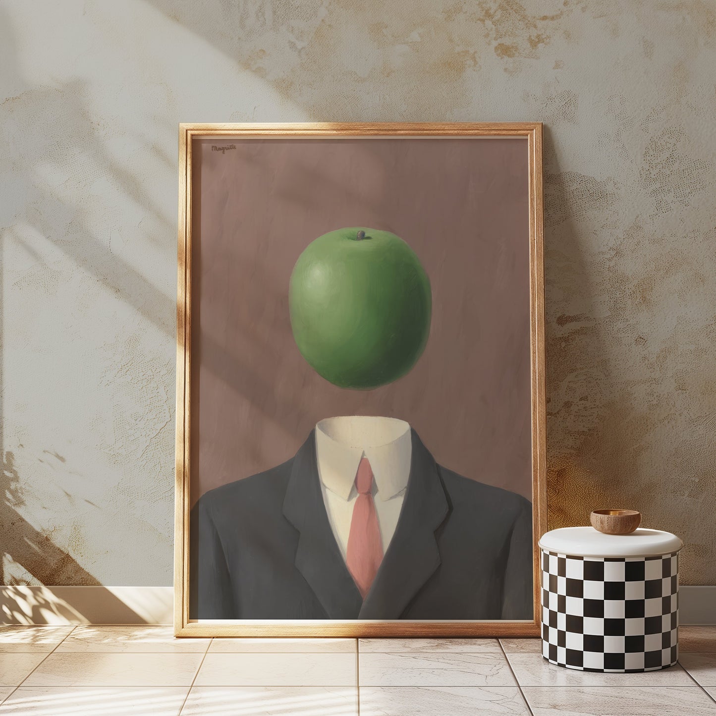 Premium Poster of Surrealist Man in Suit with Green Apple Art Posters