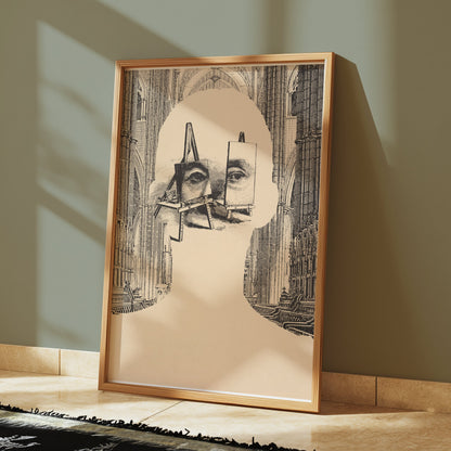 Premium Poster of Surrealist Portrait with Easels and Cathedral Art Posters