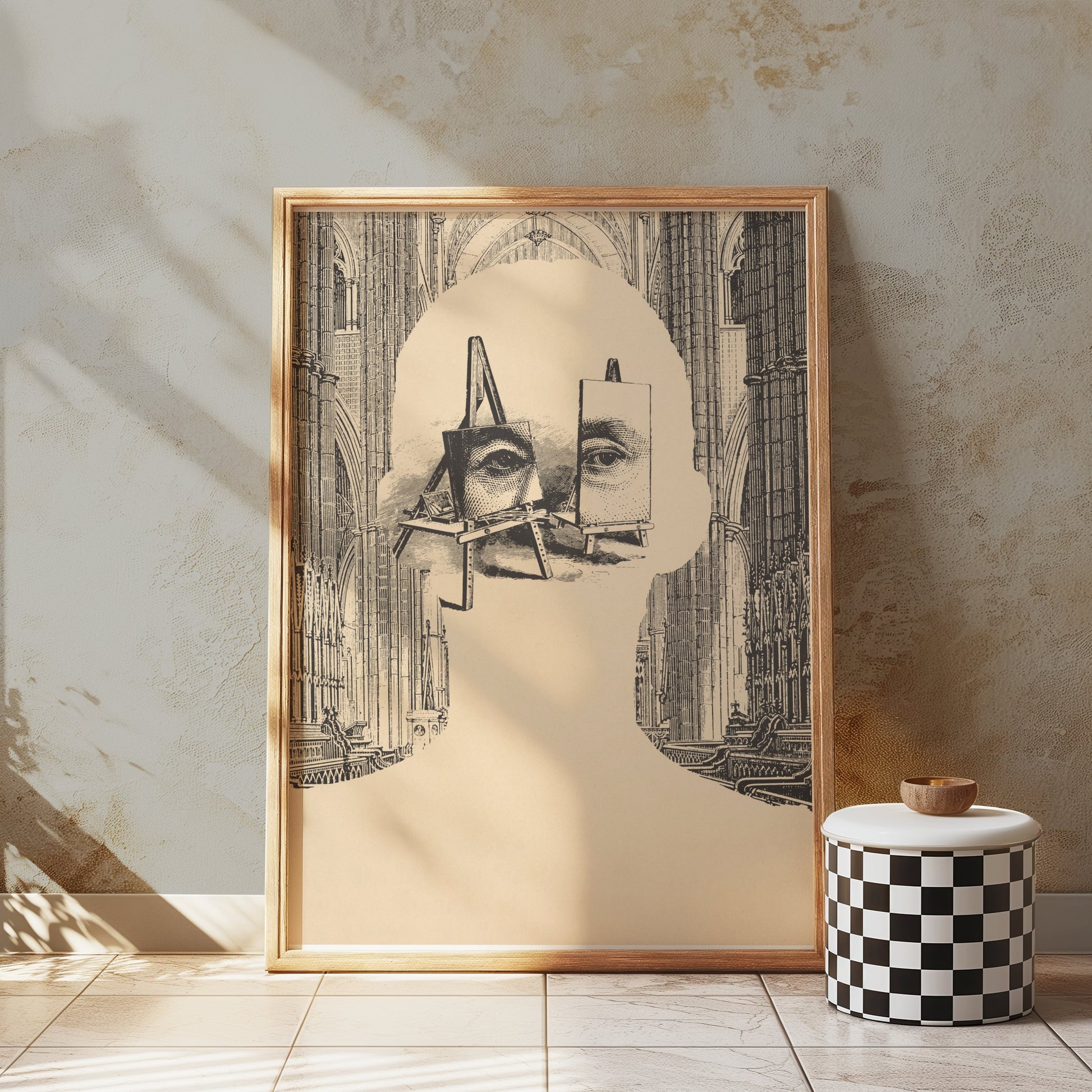 Premium Poster of Surrealist Portrait with Easels and Cathedral Art Posters
