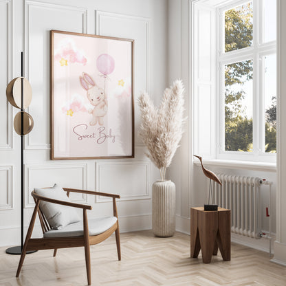 Premium Poster of Sweet Baby Bunny Holding Balloon Posters