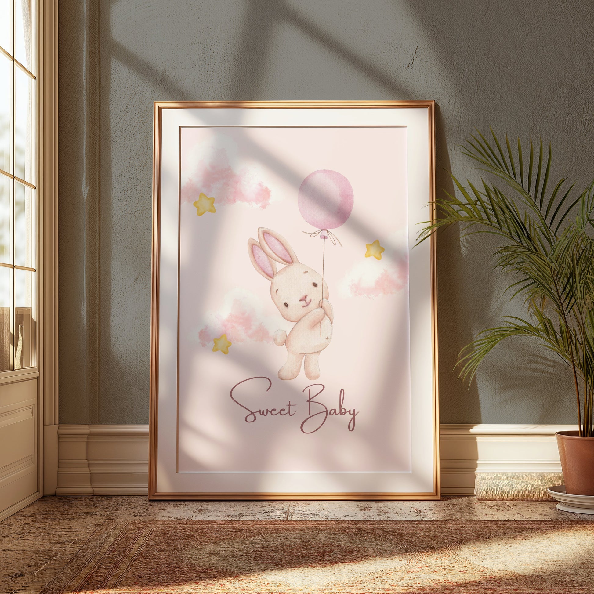 Premium Poster of Sweet Baby Bunny Holding Balloon Posters