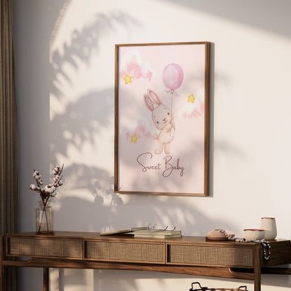 Premium Poster of Sweet Baby Bunny Holding Balloon Posters