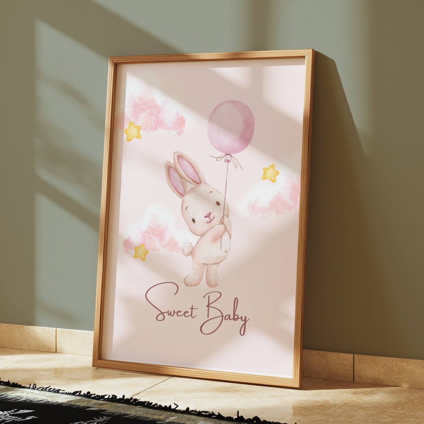 Premium Poster of Sweet Baby Bunny Holding Balloon Posters