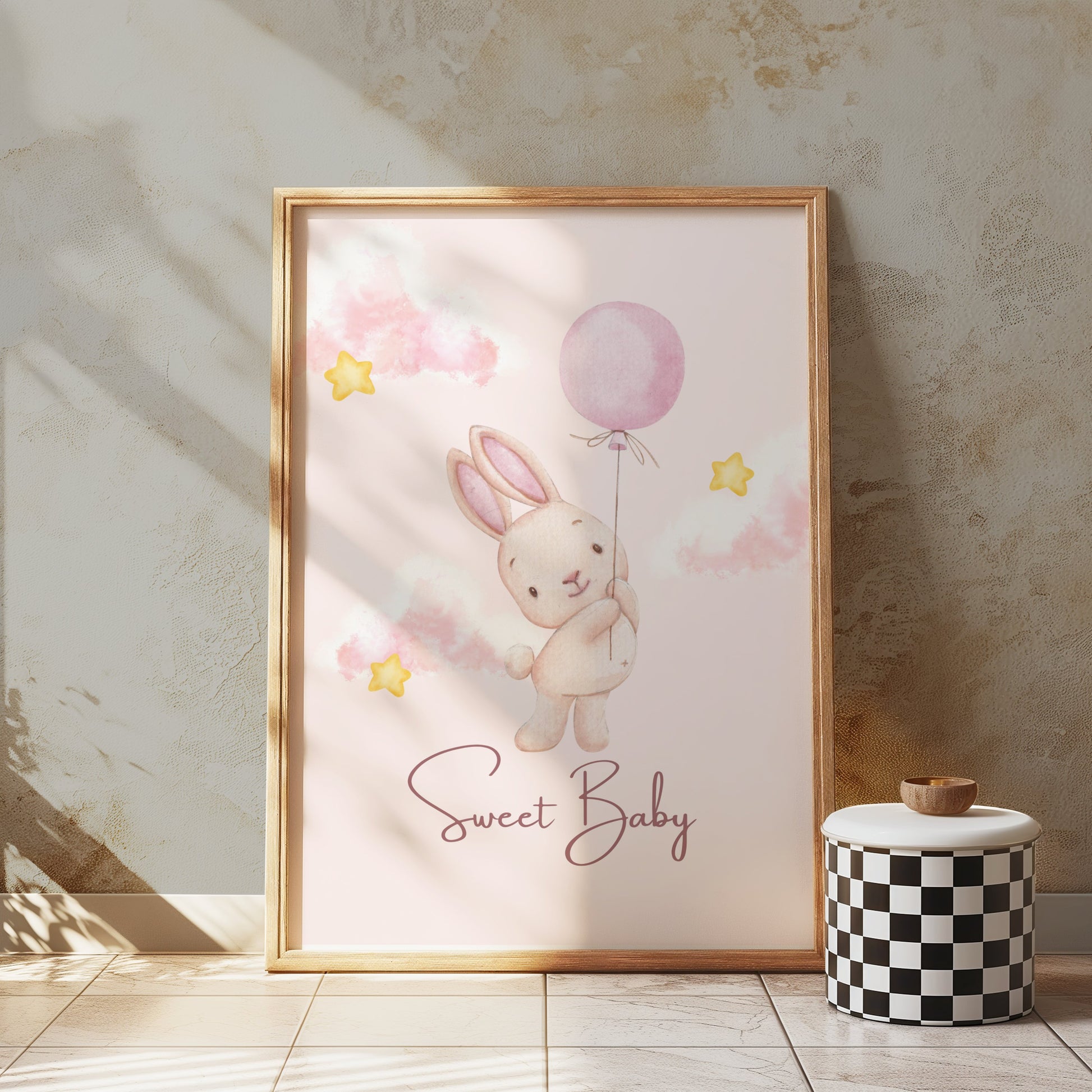 Premium Poster of Sweet Baby Bunny Holding Balloon Posters