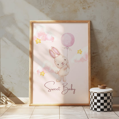 Premium Poster of Sweet Baby Bunny Holding Balloon Posters