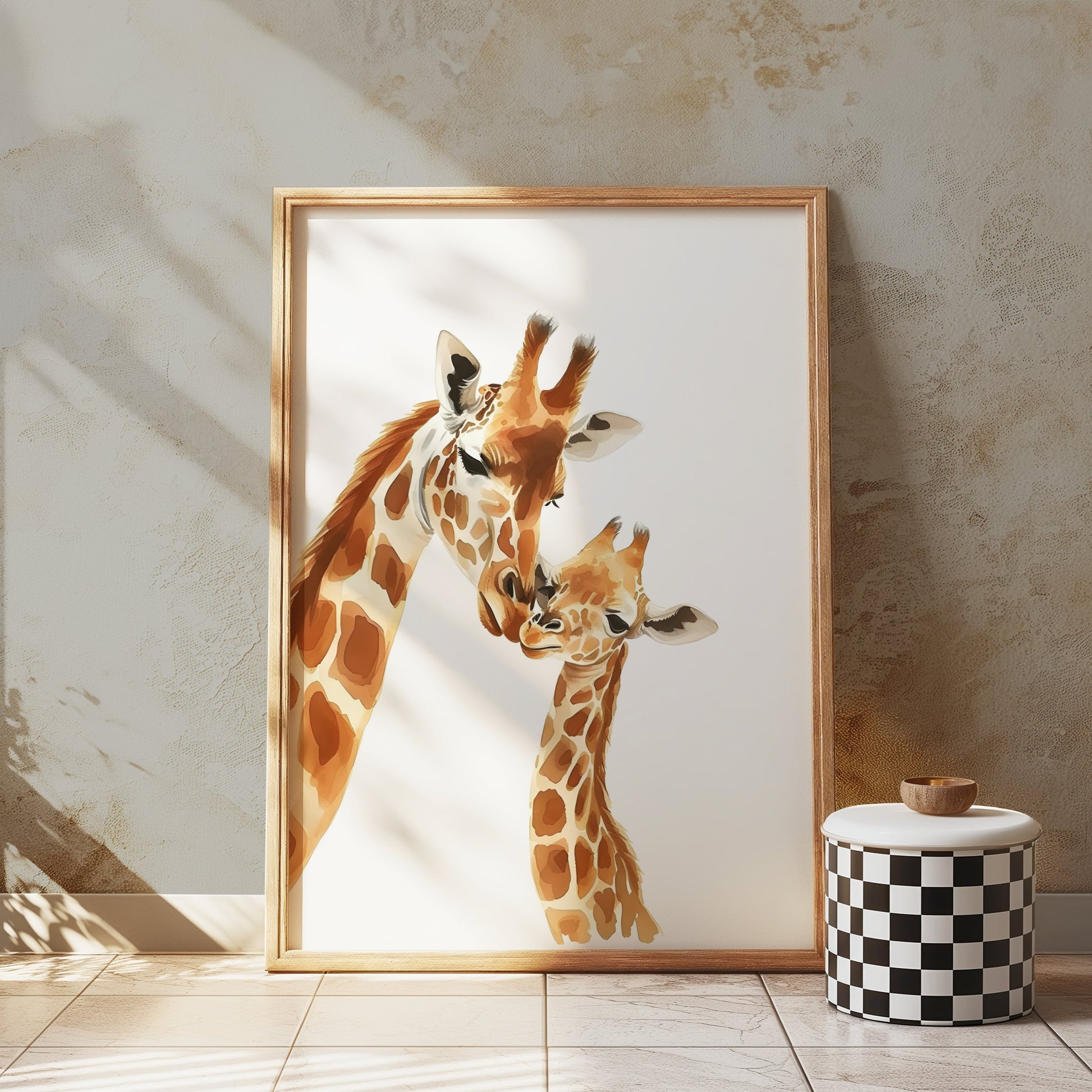 Premium Poster of Sweet Giraffe Mother and Baby Illustration Art Posters