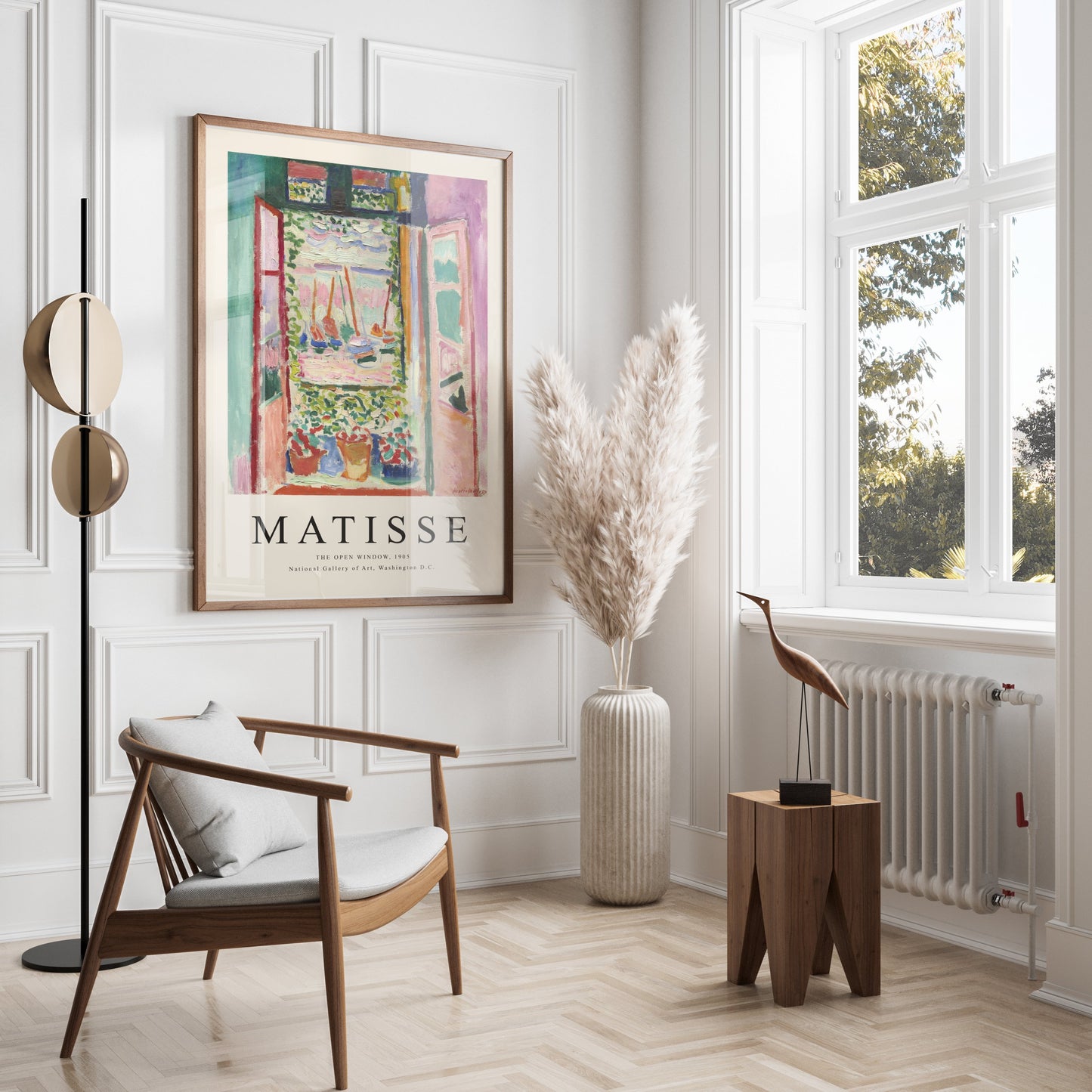 The Open Window by Matisse 1905 framed art print poster hanging in a modern white room with elegant furniture and natural light.